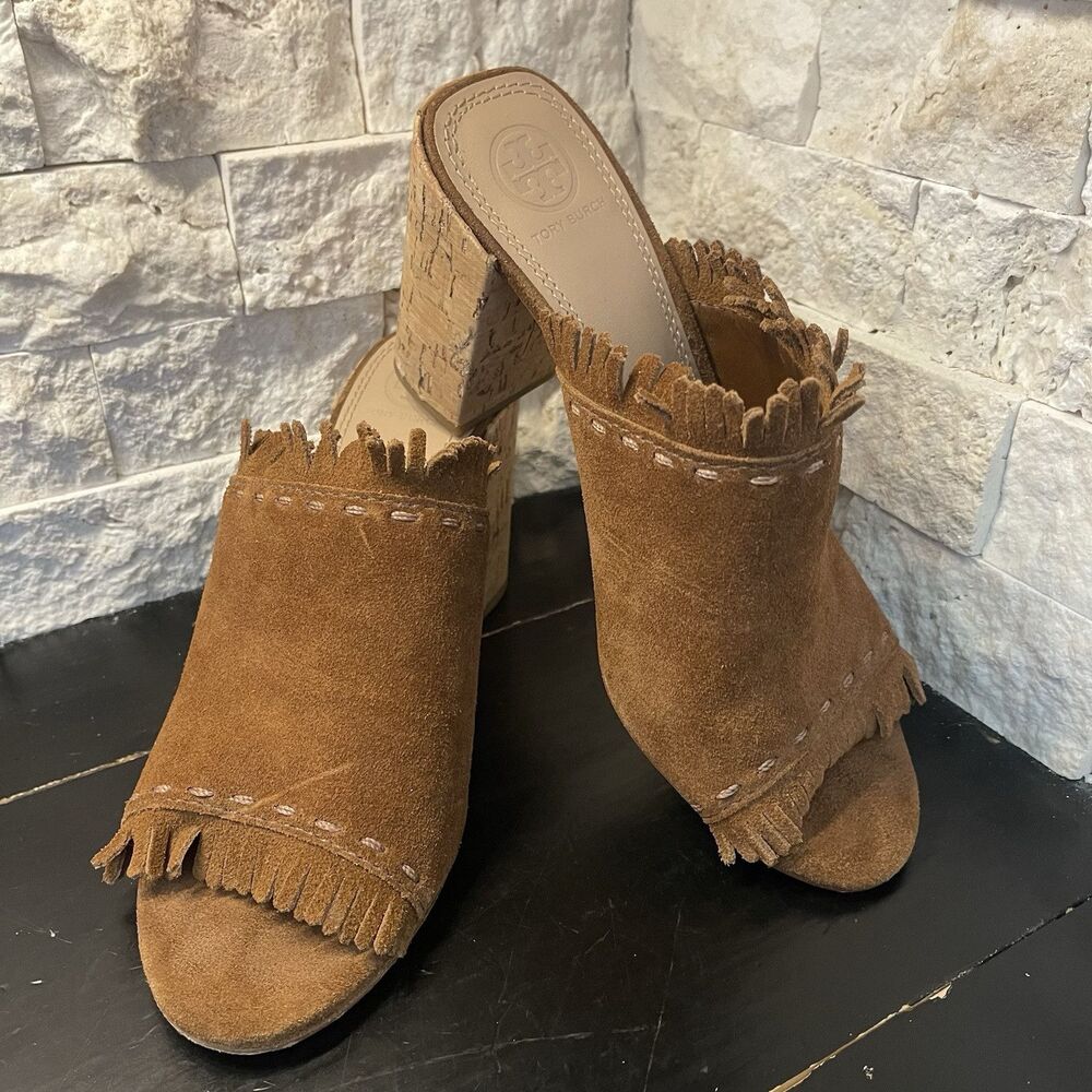 Tori Burch Fringe Brown Suede Cork Heel Slip On size 8M